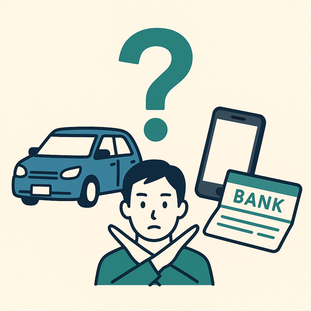 車・スマホ・貯金通帳のイメージ写真