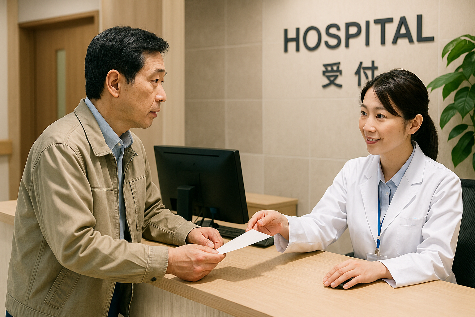 医療扶助のイメージ（病院の受付と保険証・医療券）